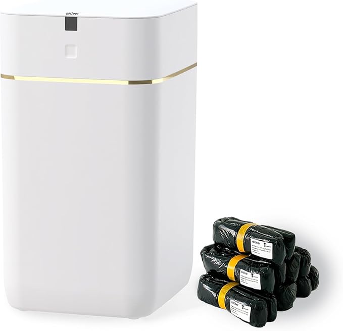 Airdeer Automatic Trash Can, 4 Gallon Self Sealing and Self-Changing Smart Trash Can, Motion Sensor, Touchless Garbage can with lid for Kitchen Bathroom Office, 6 Refill Rings(A1, Golden line)