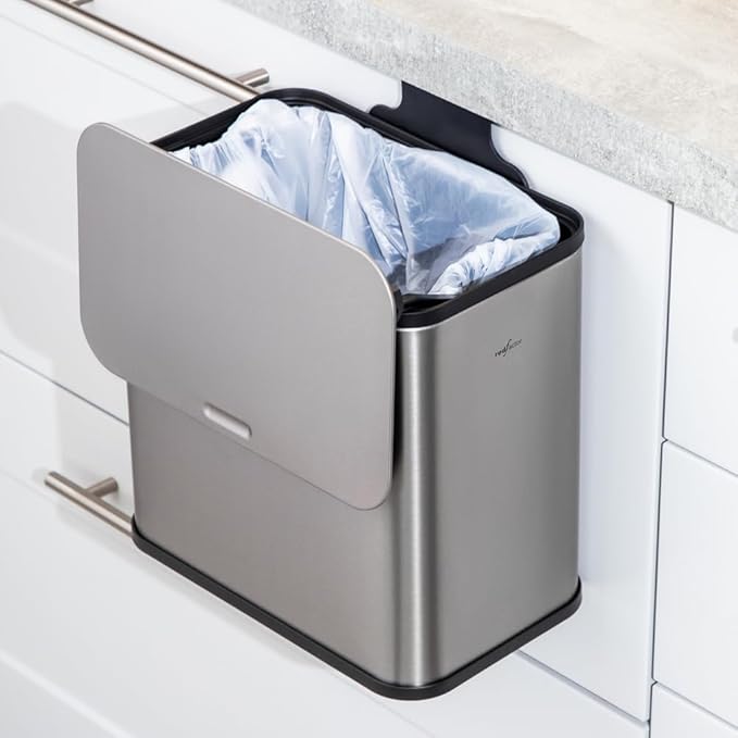 RedFactor Stainless Steel Hanging Trash Can with Lid and Inner Bucket – Slim 1.3 Gallon Odor-Free Compost Bin for Kitchen Cabinet, Countertop, Under Sink, or Bathroom (Metallic Gray)