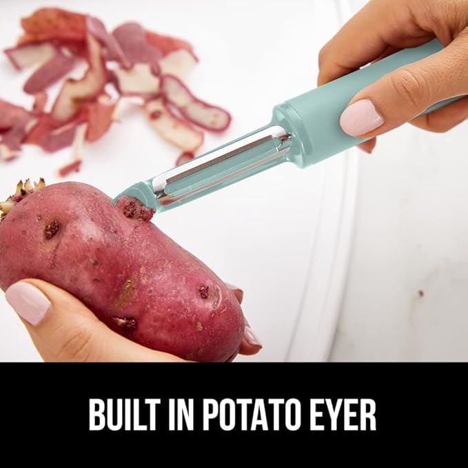 GORILLA GRIP Patented BPA-Free Sharp Stainless Steel Dual Swivel Vegetable Peeler, Soft Comfortable Handle, Smoothly Peel Apples, Potatoes, Carrots, Includes Blade Cover, Kitchen Tool Peelers, Mint