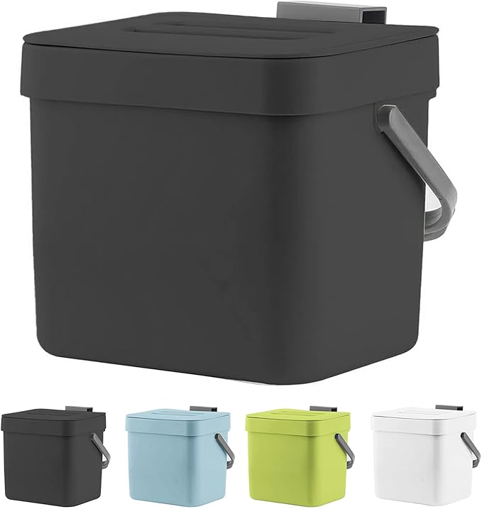 Kitchen Trash Can with Lid, LALASTAR Wall-Mounted Under Sink Small Garbage Can for Kitchen, Bathroom, Compost Bin Countertop, Cabinet Trash Can Hanging, 1.8 Gallon, (Black, 7L)