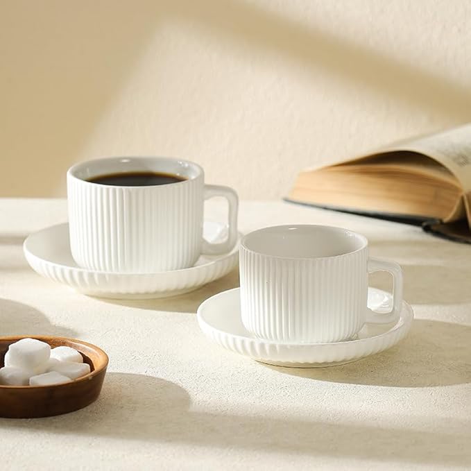8 Ounce Cappuccino Cups Set of 4, Latte Mugs with Saucers and Spoons, White Cream Ceramic Coffee Mugs Tea Cups for Cappuccino Latte Mocha Au Lait Macchiato Cafe