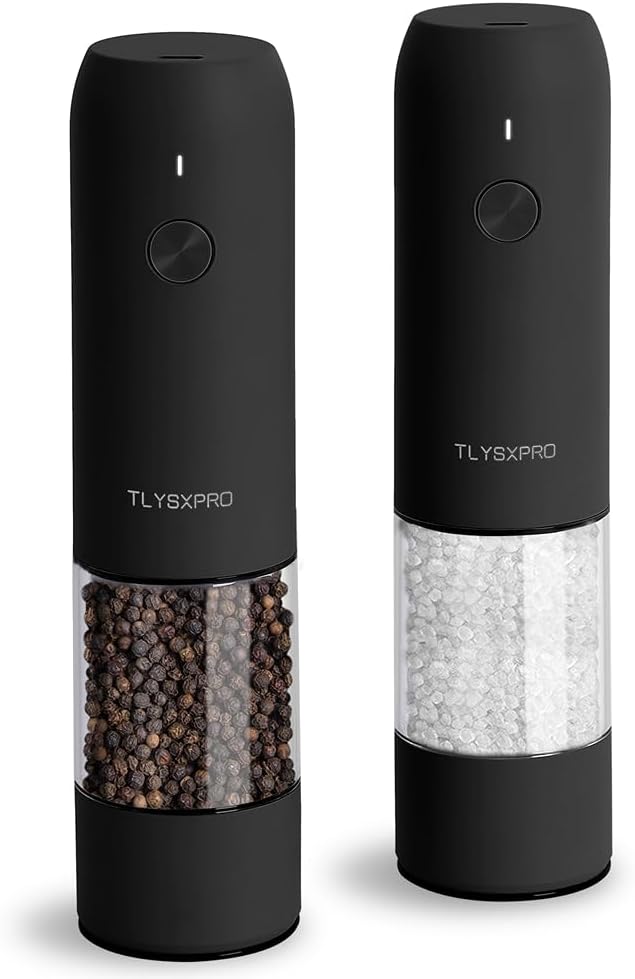 Electric Salt and Pepper Grinder Set, USB Rechargeable, Automatic Salt and Pepper Mill Grinder with Adjustable Coarseness, Electric Salt Shakers, LED Light, Refillable (2 Packs, Black)