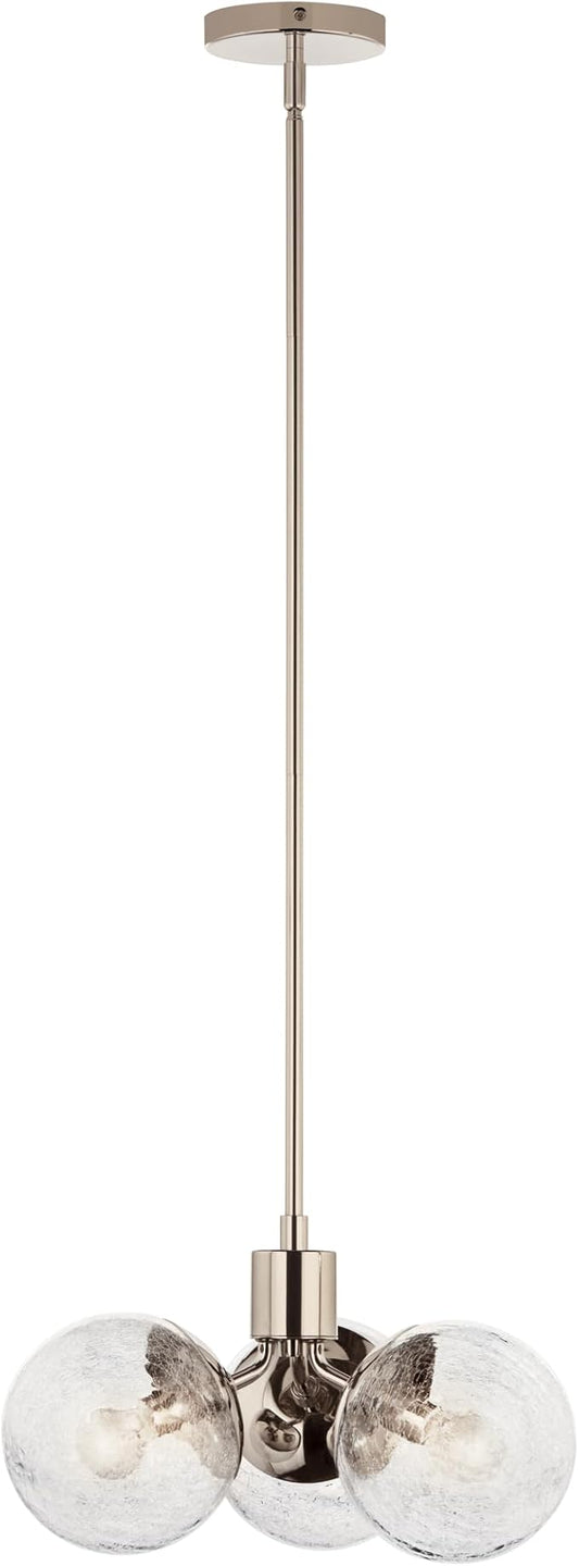 KICHLER Silvarious 3-Light Convertible Pendant, Soft Modern Light with Clear Crackled Glass in Polished Nickel, for Hallway, Dining Nook, Bedroom or Kitchen (9.5" x 16.5"), 52700PN