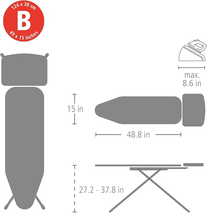 Brabantia Size B Ironing Board (49x15 in) 7 Height Options, Solid Steam Unit Rest Holder (Denim Gray) Non-Slip Feet, Anti-Collapse Child Locks