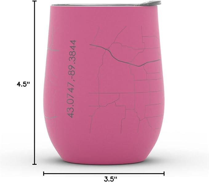 Well Told Engraved Madison Wisconsin Map Insulated Wine Tumbler, Etched Stainless Steel Cup (12 oz, Sunset Pink) City Map Insulated Tumbler, Custom Insulated Tumbler, Outdoor Drinkware