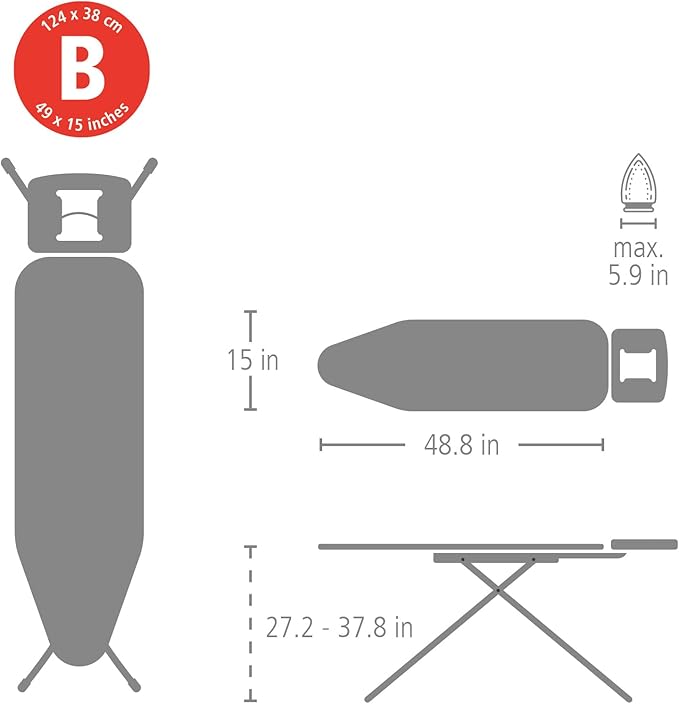 Brabantia - Ironing Board B – Solid Steam Iron Rest – Adjustable Height – Non-Slip Rubber Feet – 100% Fairtrade Cotton Cover with Foam Padding – Foldable – Soothing Sea – Size B (49 x 15 in)