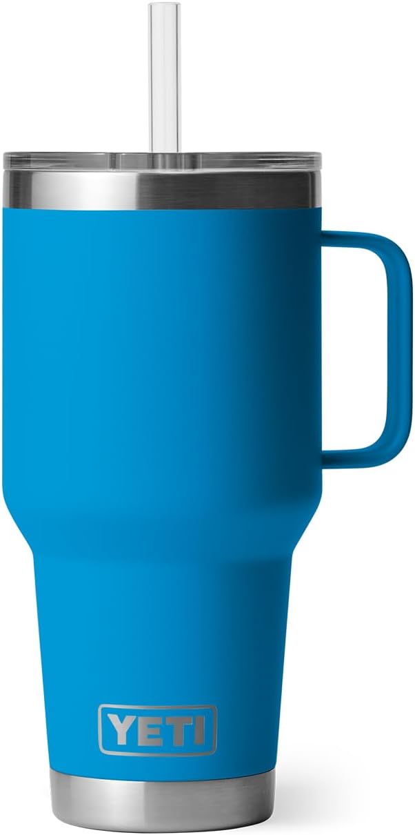 YETI Rambler 35 oz Tumbler with Handle and Straw Lid, Travel Mug Water Tumbler, Vacuum Insulated Cup with Handle, Stainless Steel, Big Wave Blue