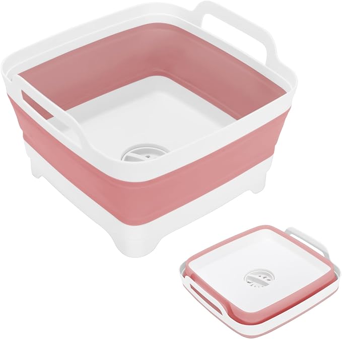 Collapsible Dish Basin, 2.4 Gallon Foldable Kitchen Sink with Drain Plug for Space-Saving Dish Washing, Vegetable & Baby Bottle Cleaning