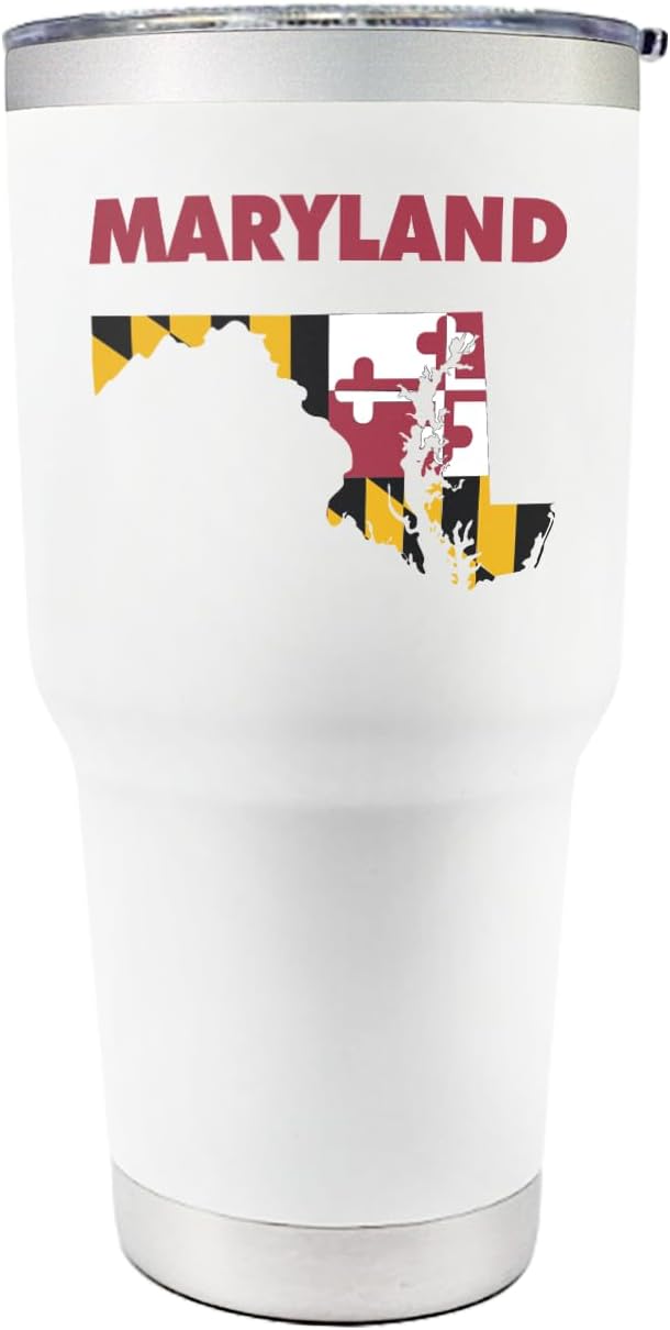 Premium 30 oz Maryland White Tumbler With Slider Lid - Insulated Featuring Map Design - Excellent Souvenir - Keeps Beverages Hot/Cold, Ideal for Coffee, Tea, Travel
