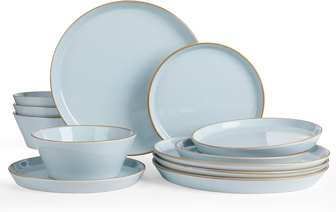 Famiware Saturn Dinnerware Sets, Plates and Bowls Sets for 4, 12 Pieces Stoneware Dish Set - Chip and Scratch Resistant, Microwave and Dishwasher Safe Tableware Set, Light Blue with Rim