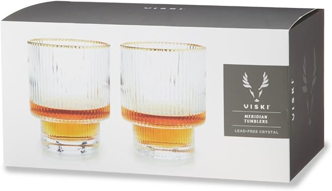Viski Meridian Lowball Glasses Set of 2 - Premium Crystal Clear Vintage Drinking Tumblers for Whiskey, Scotch & Bourbon in Art Deco Ripple Glassware Design, Gold Rimmed Glassware Gift Set, 12 oz