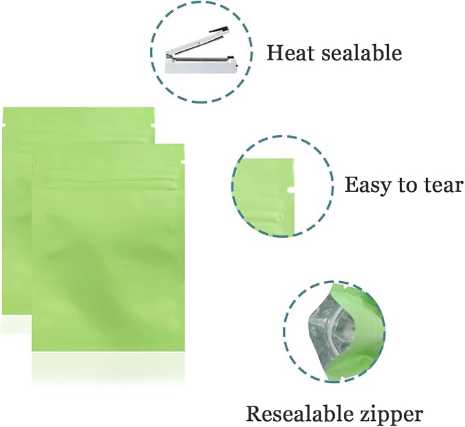 FERENLI 100Pcs Zipper Lock Self Seal Flat Pouch for Zip Aluminum Foil Lock Package Bag Coffee Food Storage Resealable Mylar Bags Heat Sealable Candy Reclosable Bags (10x15cm (3.9x5.9 inch), Green)