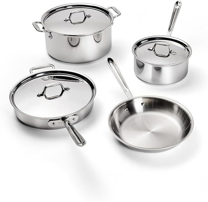 All-Clad D3 3-Ply Stainless Steel Cookware Set – 7-Piece Pots and Pans Set, Induction, Oven Broiler Safe 600F - Includes Frying Pans, Saucepans, Sauté Pan, Stockpot, Professional Cookware – Silver