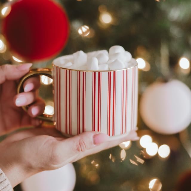 Sweet Water Decor Red Stripe Coffee Mug, 14oz China Christmas Mug with Gold Handle, Large Holiday Winter Cup for Coffee, Tea & Hot Chocolate, Stocking Stuffer Gifts for Women