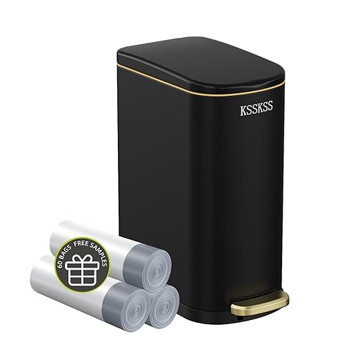 2.6 Gallon Slim Bathroom Trash Can with Soft Close Lid, 10L Stainless Steel Garbage Can with Removable Liner Bucket, for Narrow Spaces, Bathroom, Bedroom (Matt Black)