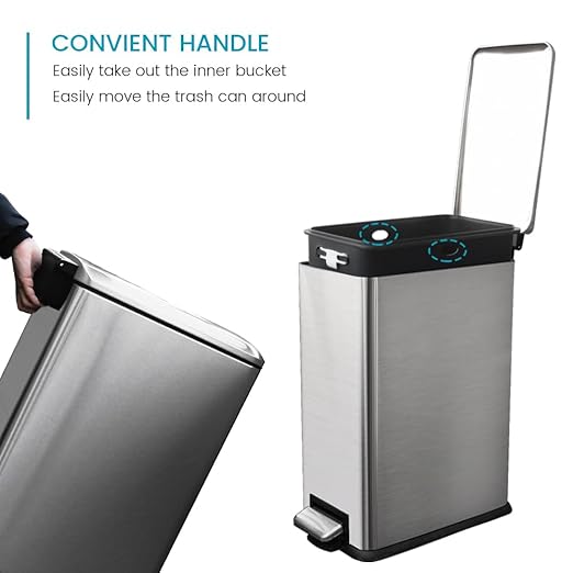 12 Gallon Trash Can, Stainless Steel Kitchen Garbage Can with Removal Inner Bucket, Soft Close Lid, Step on Trash Can for Home and Office, 45 Liter Capacity, Silver