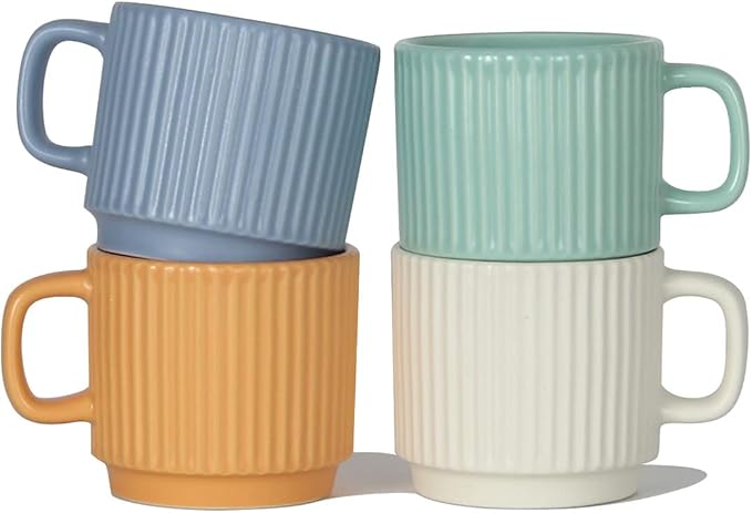 Stackable Coffee Mugs Set of 4, 7 OZ Ceramics Espresso Cups for Latte Cappuccino Cocoa with Handle, Colorful