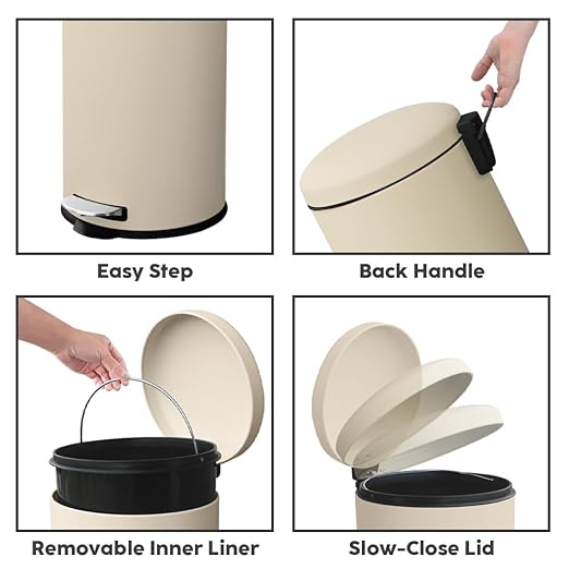 8-Gallon Trash Can, 30 Liter Stainless Steel Garbage Can, Round Trash Can with Lid, Slim Garbage can Featuring a Removable Inner Liner (Cream, 30L-Round)