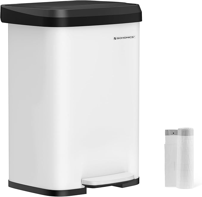 SONGMICS Kitchen Trash Can, 13 Gallon (50 L) Stainless Steel Garbage Can, with Stay-Open Lid and Step-on Pedal, Soft Closure, Tall, Large and Space-Saving, White and Black ULTB530W50