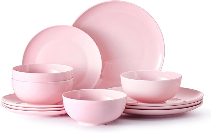 KINGSTONE Bone China Dinnerware Sets, 24-Piece Dinnerware Set for 8, Lightweight Durable, Dishwasher Safe, Tableware for Daily Use with Elegant Design, Pink