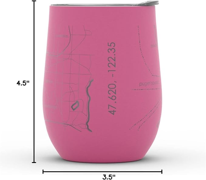 Well Told Engraved Seattle Washington Map Insulated Wine Tumbler, Etched Stainless Steel Cup (12 oz, Sunset Pink) City Map Insulated Tumbler, Custom Insulated Tumbler, Outdoor Drinkware