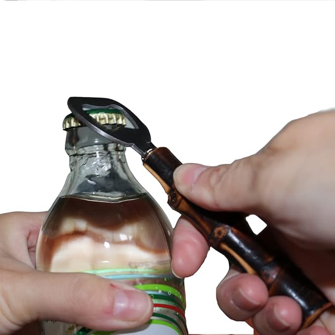 2PCS Stainless Steeel Bottle Openers,Cool Black Beer Cap Bottle Openers,Soft Drinks-Handcraft Bamboo Handle(Black)