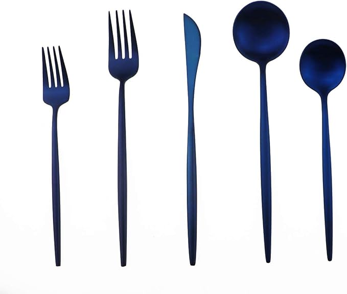 Matte Blue Gugrida 5-Piece 18/10 Stainless Steel Silverware Set, Satin Finish Flatware, Kitchen Utensils, Tableware Travel Cutlery for Camping, Office or School Lunch, Dishwasher Safe