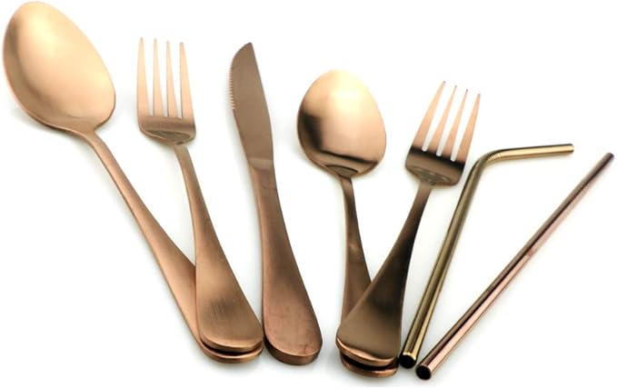 Rose Gold Reusable Utensils with Case Camping Travel Silverware Set,Portable Stainless Steel Cutlery Set - Matte Flatware Knife Fork Spoon Mirror Straws Chopsticks - for Office Lunch, Hiking, School