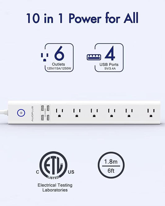 2 Pack Power Strip Surge Protector Flat Plug - 6 Widely Spaced Outlets 4 USB Charging Ports, 2100J/10A with 6Ft Long Extension Cord, Overload Surge Protection, Wall Mount for Home Office