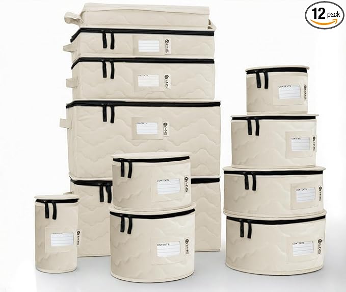 Hard Shell China Storage Containers 12-Piece Set Moving Boxes for Dinnerware, Glasses, Plates, Mugs and Saucers Sturdy Dish Organizer with Dividers for Seasonal Storage - Service for 12 -Beige Quilted