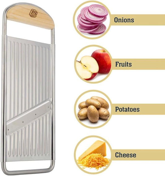 Handheld Mandoline Slicer for Kitchen - Stainless Steel Flat Mandolin with Cherrywood Handle - Julienne Cutter for Vegetable and Fruits - Italian Made Kitchen Gadgets by Kings County Tools