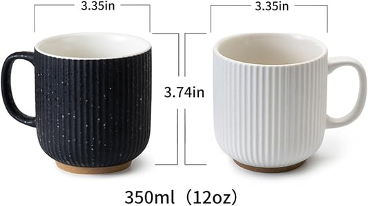 Black and White Ceramic Coffee Mugs Set of 4 (12 oz) Large Ceramic Coffee Cups Set Ribbed Coffee Mugs Set, Big Mugs Set with Handle Suitable for Latte, Cappuccino, Milk, Cocoa, Tea, Juice