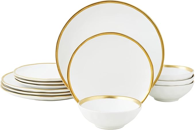 White Luxury Plates and Bowls Sets, 12 Piece Porcelain Dinnerware Sets Service for 4, Modern Dinner Plates Set, Gold Rim Dish Set for Wedding Anniversary Birthday
