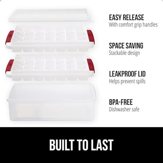 GORILLA GRIP BPA-Free Easy Release Stackable Ice Cube Tray for Freezer, Set Makes 56 Cubes for Cocktail Drinks, Coffee, Bucket Kit Includes 2 Leakproof Trays with Lid and Scooper, Kitchen Tool, Red