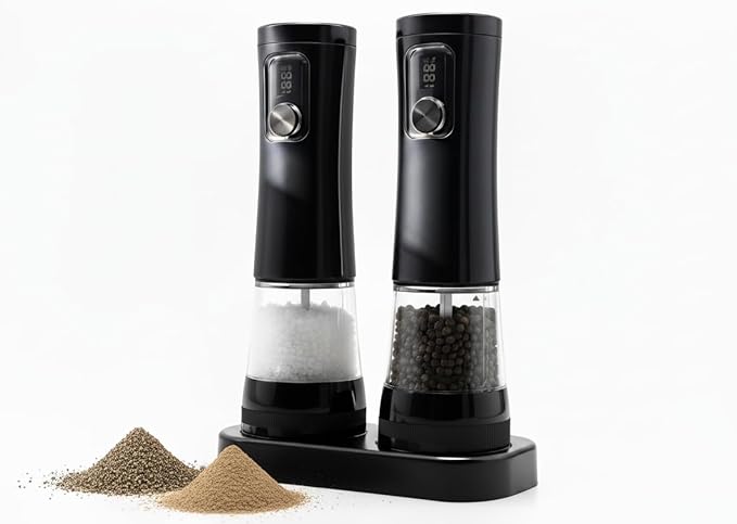 TorqueHome Electric Salt and Pepper Grinder Set - Ceramic Grinder Automatic Pepper Mills with Storage Base - Pepper Mill with 5 Level Adjustable Coarseness for Modern Kitchen