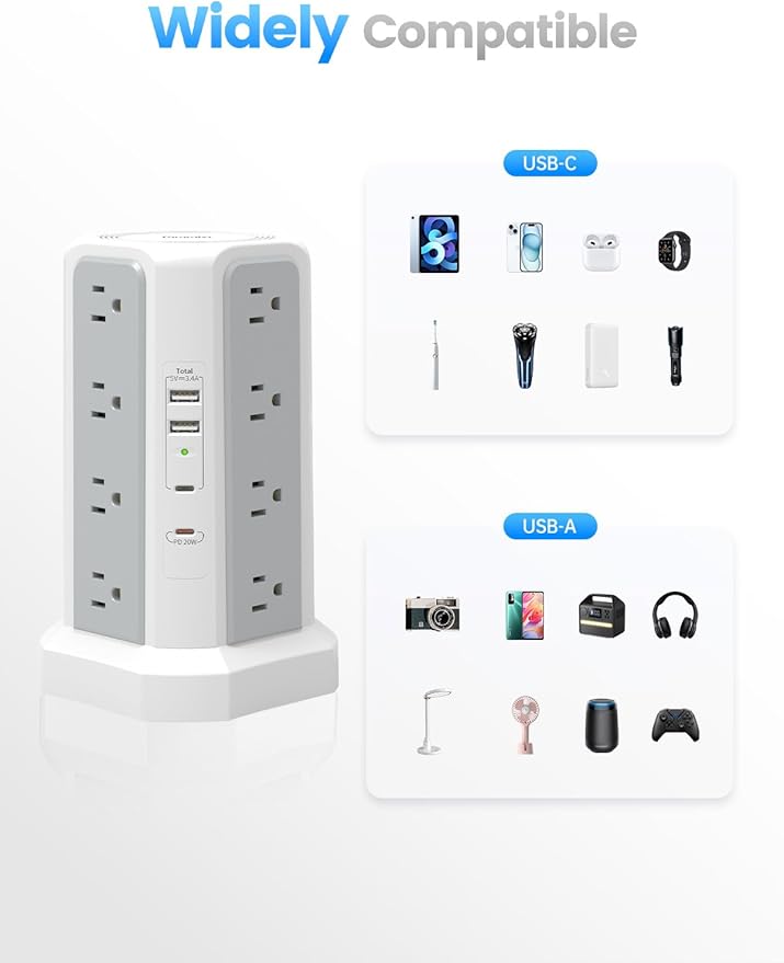 Surge Protector Power Strip with PD20W USB C,13A Thicker Extension Cord with Multiple Outlets 6FT Fararaka Tower Power Strip with USB Ports 2A2C,16AC,Office Supplies Dorm Essentials