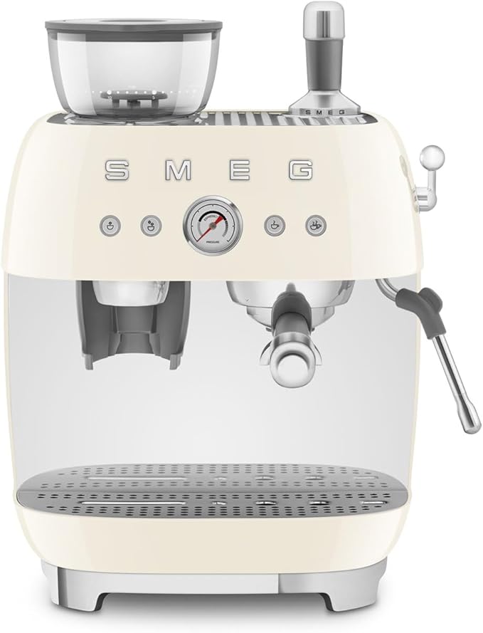 Smeg EGF03 Semi-Automatic Espresso Machine with Built-In Grinder, Dual Thermoblock, 50’s Retro Style – Cream (120 V)