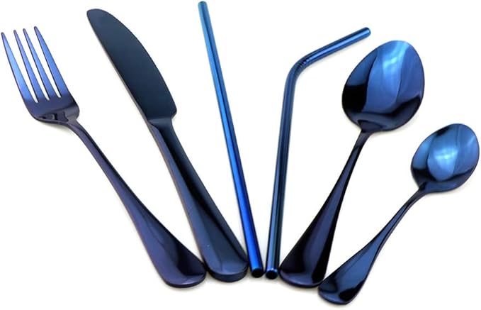 Gugrida Blue Reusable Utensils with Case, Healthy & Eco-Friendly 8 Pieces Portable Stainless Steel Flatware Tableware Dinnerware Set, Portable Travel Camping Cutlery Knife Fork Spoon Straws Set