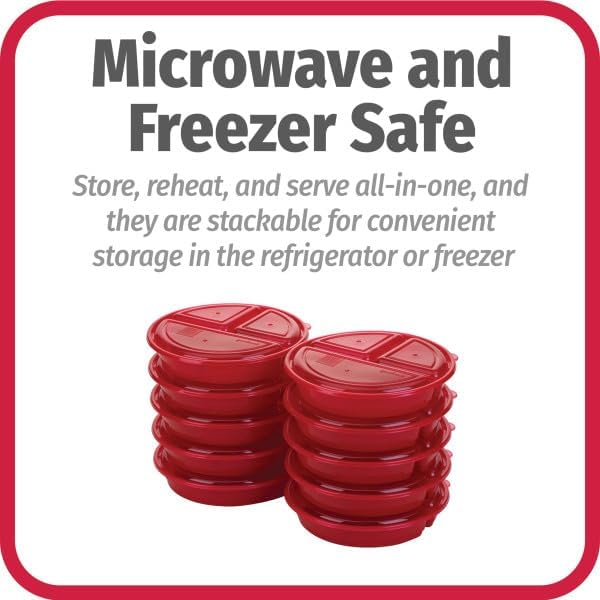 GoodCook Meal Prep Containers Set Microwave & Dishwasher-Safe Round Food Organizers with Labeled Compartments BPA-Free Food Storage Set with Snap Shut Lids Portion Control, 10-Pieces, Red