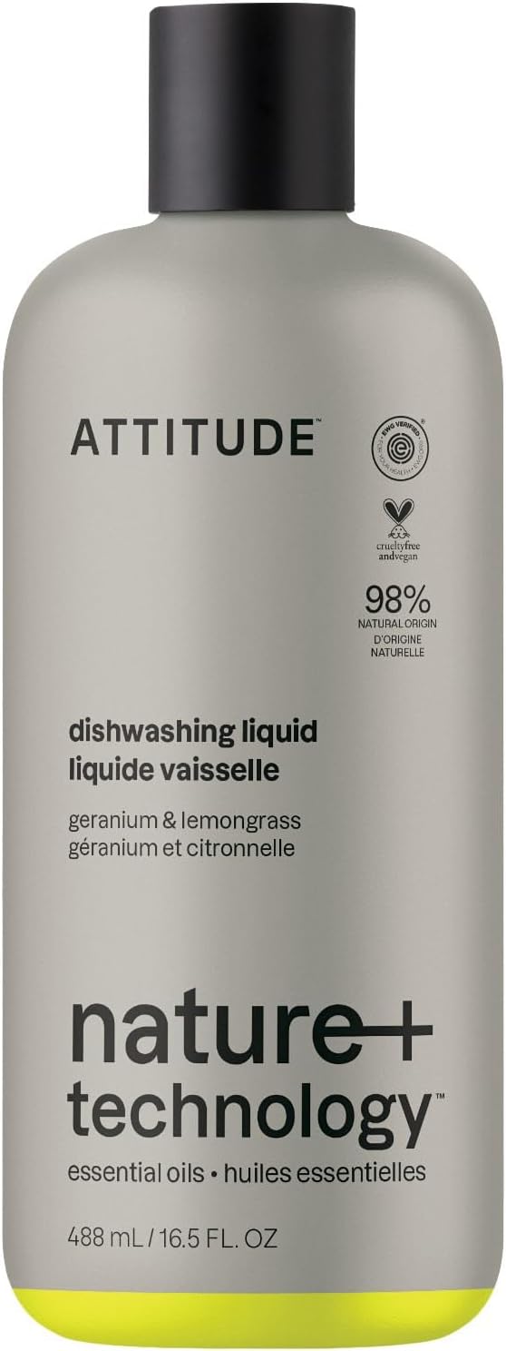 ATTITUDE Dish Soap, Infused with Essential Oils, Plant-Based Ingredients, EWG Verified, Great for Clean and Sparkling Dishes, Vegan Dishwashing Liquid, Geranium & Lemongrass, 488 mL