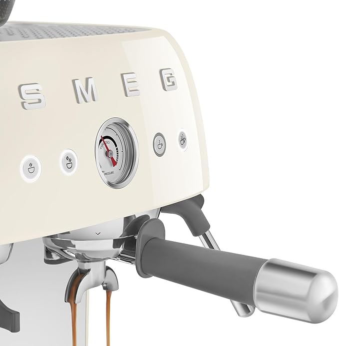 Smeg EGF03 Semi-Automatic Espresso Machine with Built-In Grinder, Dual Thermoblock, 50’s Retro Style – Cream (120 V)