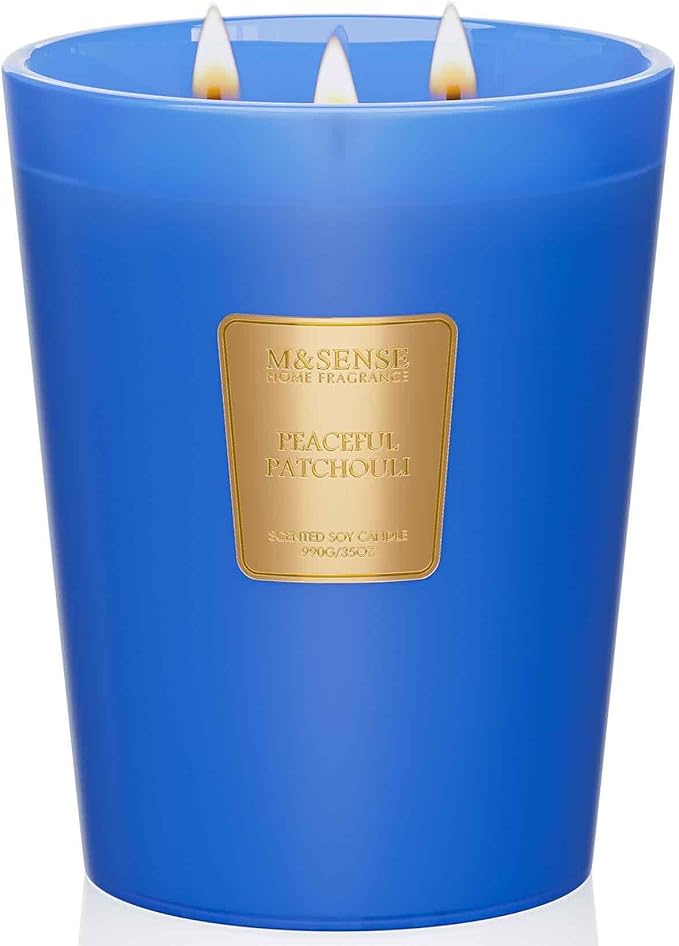 M&SENSE Peaceful Patchouli Scented Candle 35oz 150H Burn Time Long Lasting, 3-Wick Natural Aromatherapy Fall Winter Candle, Home Fragrance Housewarming Festival Gifts
