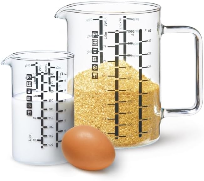 Simax Glass Measuring Cup, Durable Borosilicate Glass, Pack of 2 includes 32 oz and 16 oz Easy to Read Metric Measurements in Liter, Milliliter, Ounce, Sugar Grams, Drip Free Spout, Microwave Safe
