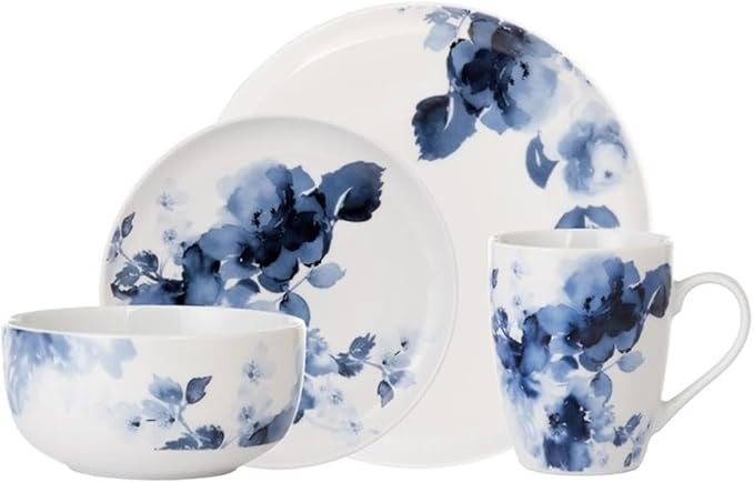 Pemberly Row Modern Porcelain Dinner Set 16 Piece Midnight Roses
