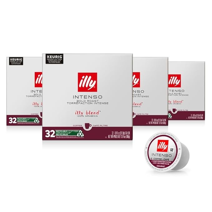 Illy Coffee, Intenso Dark Roast K-Cups, Made With 100% Arabica Beans, Intense & Robust Flavor, All-Natural, No Preservatives, Pods for Keurig Machines, 128 K-Cup Pods