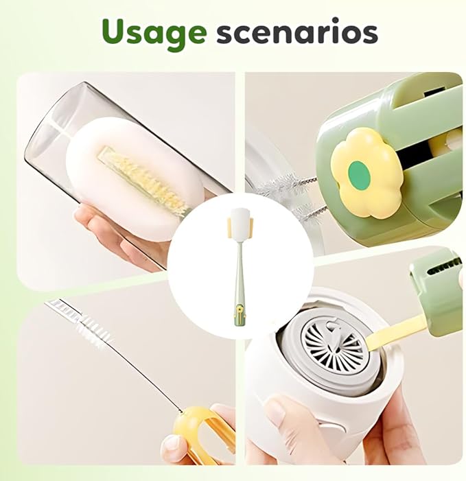 5-in-1 Bottle Cleaning Brush Set, Multifunctional Household Cleaning Kit with Long Flexible Scrubber,for Narrow Mugs, Stainless Steel Cups, Baby Bottles and Tumbler (Green, 2 pcs)