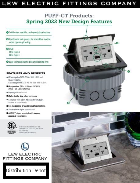 Lew Electric Pop Up Countertop Electrical Outlet, GFCI Receptacle (Chrome)