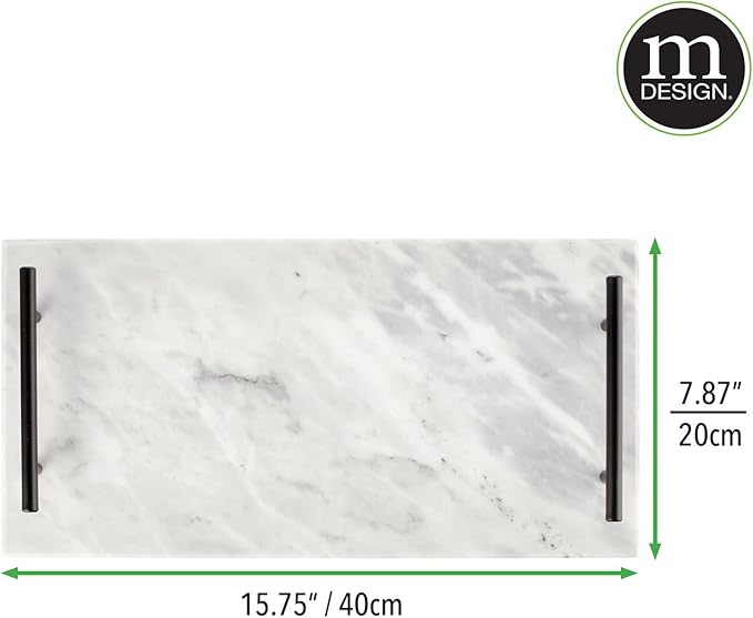 mDesign Thin Marble Pastry Board, Cutting Slab Kitchen Serving Tray with Deco Handles for Baking, Chopping, and Rolling - Serve Bread, Candy, Chocolate, Cheese, and Appetizers - Marble/Black