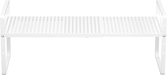 iPEGTOP Expandable Cabinet Storage Shelf Organizer Rack, Heavy Duty Stackable Steel Metal Spice Rack Adjustable Height Pantry Garage Shelf for Counter Kitchen Organization, White - 1 Pack