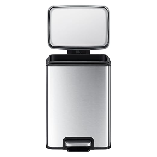 EKO Madison 12L / 3.2 Gal Bathroom Trash Can with Lid and Removable Inner Basket, Rectangular Small Step Trash Can, Brushed Stainless Steel
